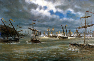 historic painting of colonial era ships battling on the sea with clouds in the sky