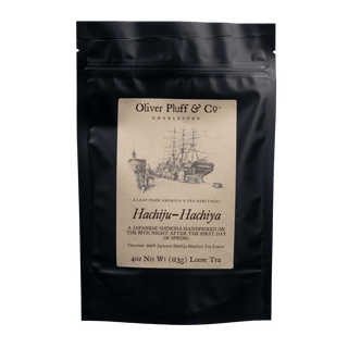 black resealable bag with kraft paper label that reads 'oliver pluff & co' hachiju-hachiya