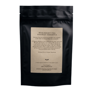 black resealable bag with kraft paper label that reads 'oliver pluff & co' hachiju-hachiya