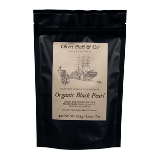 black resealable bag with kraft paper label that reads 'oliver pluff & co' organic black pearl
