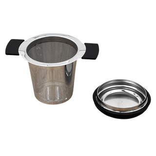 stainless steel brewing basket open with lid on side