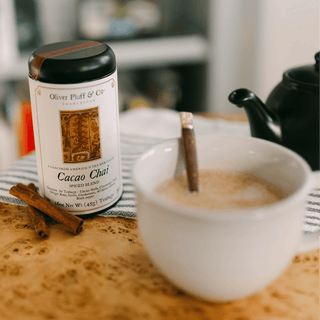 cup of brewed cacao chai tea on kitchen counter