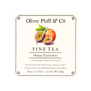 exterior of white envelope (tea packaging) with watercolor mango and passionfruit design