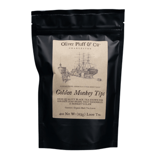 black resealable bag with kraft paper label that reads 'oliver pluff & co' golden monkey tips