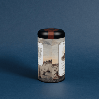 Cylindrical product with historical design on a blue background